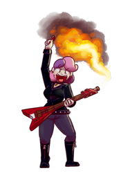 Size: 633x889 | Tagged: safe, artist:secretgoombaman12345, sweetie belle, human, fire, flying v, guitar, humanized, meanie belle, pyro belle, simple background, solo, transparent background