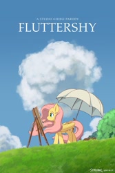 Size: 1280x1920 | Tagged: safe, artist:symbianl, derpibooru import, fluttershy, pegasus, pony, cloud, crossover, easel, female, folded wings, looking at something, mare, mouth hold, movie poster, outdoors, paintbrush, parody, poster parody, profile, solo, standing, studio ghibli, the wind rises, umbrella, windswept mane, wings