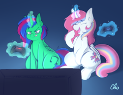 Size: 3300x2550 | Tagged: safe, artist:nekocrispy, oc, oc only, oc:christian clefnote, oc:nekonin, alicorn, pony, alicorn oc, commission, magic, male, playstation 4, telekinesis, television