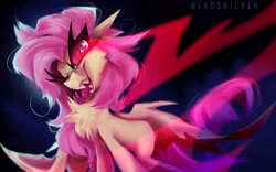 Size: 2048x1280 | Tagged: safe, artist:nekosnicker, derpibooru import, fluttershy, bat pony, pony, badass, bat ponified, chest fluff, fangs, flutterbadass, flutterbat, forked tongue, glowing eyes, one eye closed, open mouth, painting, race swap, red eyes, sharp teeth, solo, teeth, tongue out, wink