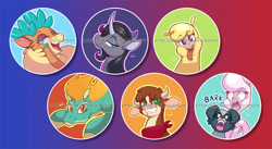 Size: 1024x560 | Tagged: safe, artist:nekocrispy, arizona cow, oleander, paprika paca, pom lamb, tianhuo, velvet reindeer, alpaca, classical unicorn, cow, deer, dog, lamb, longma, reindeer, sheep, unicorn, them's fightin' herds, adorapom, arizonadorable, awwleander, buttons, cloven hooves, community related, cute, fightin' six, leonine tail, paprikadorable, tianhuaww, unshorn fetlocks, velvebetes