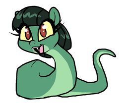 Size: 1956x1692 | Tagged: safe, artist:smirk, derpibooru import, oc, oc only, oc:tija, original species, snake, snake pony, cute, cute little fangs, fangs, looking to side, looking to the left, ms paint, red eyes, simple background, solo, white background, yellow sclera