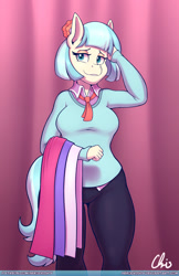 Size: 825x1275 | Tagged: safe, artist:nekocrispy, coco pommel, anthro, earth pony, arm behind head, breasts, clothes, fabric, female, lidded eyes, mare, pants, shirt, smiling, solo