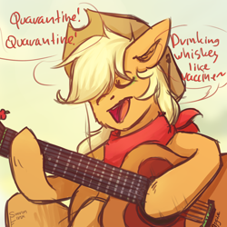 Size: 2480x2480 | Tagged: safe, artist:flysouldragon, derpibooru exclusive, derpibooru import, applejack, earth pony, pony, bandana, ear fluff, guitar, hat, musical instrument, sketch, solo, song reference