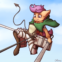 Size: 2000x2000 | Tagged: safe, artist:ohemo, derpibooru import, scootaloo, anthro, anime, atg 2020, attack on titan, clothes, crossover, female, harness, newbie artist training grounds, solo, sword, tack, weapon