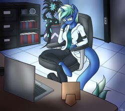 Size: 1800x1600 | Tagged: safe, artist:novaspark, oc, oc only, oc:nova spark, anthro, unguligrade anthro, anthro oc, black vine, clothes, lab coat, solo, thinking