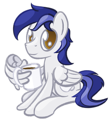 Size: 2040x2200 | Tagged: safe, artist:phat_guy, oc, oc only, oc:officer hotpants, pegasus, pony, ponybooru collab 2021, 2020 community collab, coffee, coffee mug, drink, looking at you, male, mug, simple background, sitting, smiling, solo, stallion, transparent background, wing hands, wing hold, wings