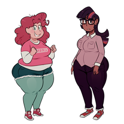Size: 2000x2000 | Tagged: safe, artist:secretgoombaman12345, pinkie pie, twilight sparkle, human, bbw, chubby, clothes, converse, fat, glasses, humanized, muffin top, pudgy pie, shoes, simple background, thick, transparent background, wide hips