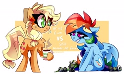 Size: 3527x2120 | Tagged: safe, artist:nekosnicker, derpibooru import, applejack, rainbow dash, earth pony, pegasus, pony, can, coffee, coffee mug, meme, monster energy, mug, ponified meme, text