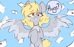 Size: 2048x1310 | Tagged: safe, artist:hydrargyrum, derpibooru import, derpy hooves, pegasus, pony, blue background, bronybait, cute, derpabetes, dialogue, female, hug request, letter, looking at you, mare, simple background, smiling, solo, speech bubble, spread wings, sweat, sweatdrop, two toned wings, wings
