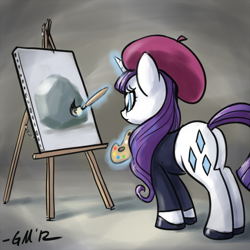 Size: 640x640 | Tagged: safe, artist:giantmosquito, derpibooru import, rarity, tom, pony, unicorn, beatnik rarity, beret, butt, canvas, clothes, female, hat, magic, mare, paintbrush, painting, plot, rock, solo, sweater, telekinesis