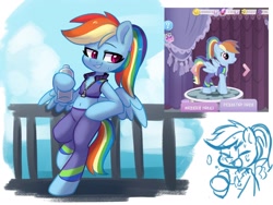 Size: 1600x1200 | Tagged: safe, artist:colorfulcolor233, derpibooru import, rainbow dash, pegasus, pony, semi-anthro, alternate costumes, arm hooves, belly button, buckball fan gear rainbow dash, clothes, gameloft, gameloft interpretation, ponytail, solo, sweat, that was fast, tracksuit, water bottle