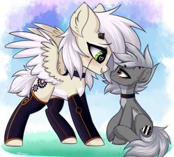 Size: 1500x1350 | Tagged: safe, artist:hydrargyrum, derpibooru import, oc, oc only, earth pony, pegasus, pony, blushing, choker, clothes, eye contact, heart, heart eyes, lidded eyes, looking at each other, size difference, smiling, socks, spread wings, thigh highs, underhoof, wingding eyes, wings