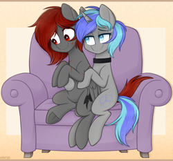 Size: 1200x1120 | Tagged: safe, artist:higglytownhero, derpibooru import, oc, oc only, oc:kit, oc:raiyne, pegasus, unicorn, blind, broken wing, collar, couple, cuddling, cute, female, lesbian, lidded eyes, oc x oc, scar, shipping, simple background, sofa, torn ear, wings