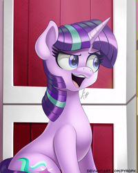 Size: 882x1100 | Tagged: safe, artist:pyropk, derpibooru import, starlight glimmer, pony, unicorn, harvesting memories, spoiler:harvesting memories, alternate hairstyle, barn, farm, female, mare, open mouth, solo, starlight sparkle