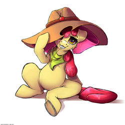 Size: 3000x3000 | Tagged: safe, artist:skitsroom, derpibooru import, apple bloom, earth pony, pony, adorabloom, applejack's hat, belly, clothes, cowboy hat, cute, female, filly, hat, mouth hold, scarf, simple background, solo, straw in mouth, white background