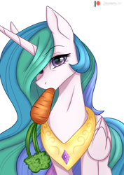 Size: 2894x4093 | Tagged: safe, artist:chickenbrony, derpibooru import, princess celestia, alicorn, pony, carrot, cute, cutelestia, female, flowing mane, food, herbivore, horses doing horse things, jewelry, looking at you, mare, mouth hold, necklace, regalia, solo