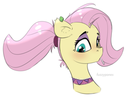 Size: 957x745 | Tagged: safe, artist:fuzzypones, derpibooru import, fluttershy, pegasus, pony, alternate hairstyle, blushing, bust, candy, choker, chokershy, ear fluff, ear piercing, eyeshadow, female, food, lollipop, looking at you, makeup, mare, piercing, portrait, simple background, solo, stray strand, three quarter view, white background
