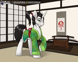 Size: 2500x2000 | Tagged: safe, artist:bluebender, oc, oc only, pony, unicorn, clothes, commission, curved horn, daisho, eastern unicorn, historical chinese clothing, house, house interior, indoors, katana, male, panels, pinup, ponytail, rope, samurai, scar, stand, sword, tatami mat, wakizashi, weapon, wooden floor