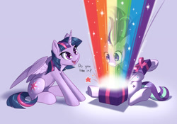 Size: 1280x898 | Tagged: safe, artist:dstears, starlight glimmer, twilight sparkle, twilight sparkle (alicorn), alicorn, unicorn, duo, newbie artist training grounds, open, present, rainbow, taste the rainbow