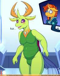 Size: 825x1050 | Tagged: safe, artist:nekocrispy, sunburst, thorax, anthro, changedling, changeling, unicorn, blushing, curved horn, floppy ears, gay, horn, king thorax, male, open mouth, patreon, patreon logo, shipping, stallion, thoraxburst