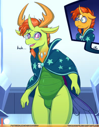 Size: 825x1050 | Tagged: safe, artist:nekocrispy, sunburst, thorax, anthro, changedling, changeling, unicorn, beard, blushing, cape, clothes, cosplay, costume, curved horn, facial hair, floppy ears, gay, glasses, horn, king thorax, male, open mouth, shipping, stallion, thoraxburst