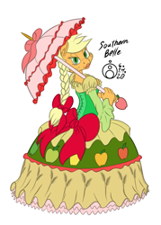 Size: 1075x1500 | Tagged: safe, artist:sepiakeys, derpibooru import, applejack, anthro, earth pony, applerack, braided ponytail, breasts, clothes, colored, dress, female, gown, lidded eyes, lipstick, looking at you, looking back, looking back at you, mare, sideboob, signature, simple background, smiling, solo, southern belle aj, tomboy taming, umbrella, white background