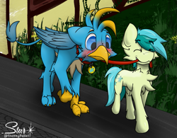 Size: 1037x807 | Tagged: safe, artist:starrypallet, derpibooru import, gallus, sandbar, earth pony, griffon, pony, blushing, chest fluff, collar, cute, cutie mark collar, eyes closed, gallabetes, grin, leash, male, mouth hold, pet play, pet tag, sandabetes, smiling, stallion, wings