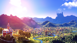 Size: 3840x2160 | Tagged: safe, artist:etherium-apex, derpibooru import, 3d, apple, apple tree, blender, blender eevee, canterlot castle, forest, hill, lens flare, no pony, ponyville, river, scenery, scenery porn, sweet apple acres barn, town, town hall, tree