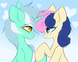 Size: 1500x1200 | Tagged: safe, artist:hydrargyrum, derpibooru import, bon bon, lyra heartstrings, sweetie drops, earth pony, pony, unicorn, blushing, cloud, female, heart, heart eyes, holding hooves, lesbian, looking at each other, lyrabon, mare, shipping, smiling, wingding eyes