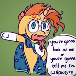 Size: 1966x1966 | Tagged: safe, artist:juulpone, derpibooru import, sunburst, pony, unicorn, angry, clothes, cross-popping veins, cute, dialogue, glasses, green background, madorable, male, pointing, robe, simple background, solo, speech bubble, stallion, sunbetes, sunburst's glasses, sunburst's robe