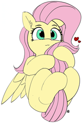 Size: 1065x1569 | Tagged: safe, artist:pabbley, color edit, edit, fluttershy, pegasus, pony, :3, colored, cute, daaaaaaaaaaaw, female, heart, holding tail, hug, mare, on back, shyabetes, simple background, solo, tail hug, white background, wings