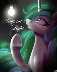 Size: 1600x2000 | Tagged: safe, artist:nixworld, derpibooru import, princess celestia, alicorn, pony, commission, cover, cover art, curious, flowing mane, horn, lightbulb, purple eyes, stars, underhoof