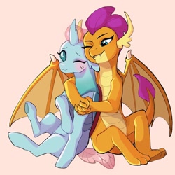 Size: 894x894 | Tagged: safe, artist:bokkitoki, derpibooru import, ocellus, smolder, changedling, changeling, dragon, blushing, commission, cute, diaocelles, dragoness, female, hug, lesbian, older, older ocellus, older smolder, one eye closed, pink background, shipping, simple background, sitting, smolcellus, smolderbetes