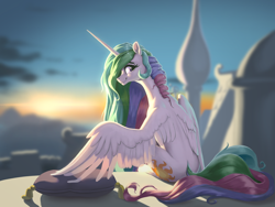 Size: 2224x1668 | Tagged: safe, artist:nadnerbd, derpibooru import, princess celestia, alicorn, pony, blurry background, butt, canterlot, canterlot castle, cushion, female, looking at you, looking back, looking back at you, looking over shoulder, mare, pillow, plot, profile, rear view, sitting, smiling, solo, spread wings, sunrise, wings