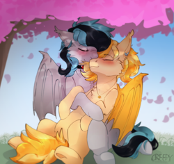 Size: 2028x1917 | Tagged: safe, artist:suplolnope, derpibooru import, oc, oc:greycedar, oc:pudding, bat pony, couple, cuddling, cute, love