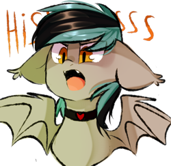 Size: 1000x970 | Tagged: safe, artist:thieftea, derpibooru import, oc, oc only, oc:greycedar, bat pony, pony, angry, choker, cute, fangs, floppy ears, heart, hissing, male, open mouth, simple background, solo, stallion, text, white background