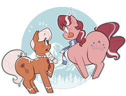 Size: 2300x1760 | Tagged: safe, artist:secretgoombaman12345, diamond tiara, silver spoon, food pony, original species, chubby diamond, clothes, fat, food, food transformation, forest, ginger spoon, gingerbread pony, holly, imminent vore, mountain, scarf, simple background, tongue out, transparent background