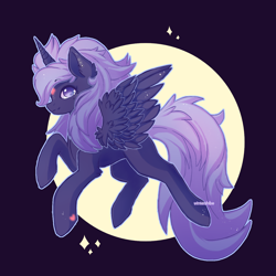 Size: 1300x1300 | Tagged: safe, artist:wintershibe, derpibooru import, oc, oc only, oc:night glow, alicorn, alicorn oc, flying, horn, moon, solo, wings