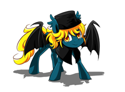 Size: 933x686 | Tagged: safe, artist:ce2438, derpibooru import, oc, oc only, oc:vesper flare, bat pony, pony, bat pony oc, bat wings, clothes, hat, simple background, smiling, solo, white background, wings