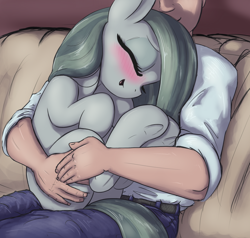 Size: 2100x2000 | Tagged: safe, artist:t72b, derpibooru exclusive, marble pie, earth pony, human, pony, blushing, cuddling, cute, eyes closed, faceless male, female, high res, holding a pony, hug, human male, male, marblebetes, mare, offscreen character, sitting, sitting on lap, sofa, underhoof