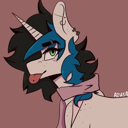 Size: 900x900 | Tagged: safe, artist:azusadrawz, derpibooru import, oc, oc only, pony, unicorn, :p, brown background, clothes, ear piercing, earring, horn, jewelry, piercing, scarf, simple background, solo, tongue out, unicorn oc