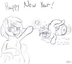 Size: 1700x1500 | Tagged: safe, artist:novaspark, oc, oc only, oc:morpha, oc:nova spark, goo pony, original species, drunk, happy new year, holiday, keg, sketch