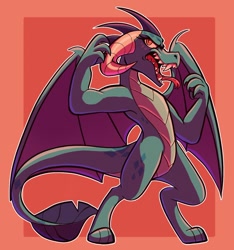 Size: 1248x1331 | Tagged: safe, artist:rockin_candies, derpibooru import, princess ember, dragon, abstract background, female, horns, open mouth, orange background, simple background, snarling, solo, spread wings, teeth, tongue out, wings