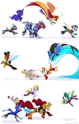 Size: 1229x1920 | Tagged: safe, artist:house-of-tykayl, derpibooru import, speedy, alicorn, changedling, changeling, cyborg, earth pony, pegasus, pony, seapony (g4), unicorn, aqualad, beast boy, bow (weapon), bumblebee (dc), cape, changelingified, cloak, clothes, colored hooves, crossover, cyborg (teen titans), female, flying, galloping, glowing horn, herald (teen titans), horn, jericho (teen titans), magic, male, mare, mas y menos, mask, mouth hold, musical instrument, pantha, ponified, quiver, raven (teen titans), robin, rule 85, seaponified, simple background, species swap, stallion, starfire, teen titans, telekinesis, trumpet, unshorn fetlocks, white background