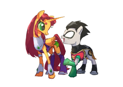 Size: 1280x905 | Tagged: safe, artist:house-of-tykayl, derpibooru import, alicorn, earth pony, pony, cape, clothes, costume, female, implied shipping, male, mare, mask, ponified, robin (teen titans), simple background, stallion, starfire, teen titans, the magic of friendship, white background