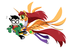 Size: 1000x667 | Tagged: safe, artist:house-of-tykayl, derpibooru import, alicorn, earth pony, pony, cape, clothes, costume, crossover, female, flying, holding a pony, implied shipping, male, mare, mask, ponified, robin (teen titans), simple background, stallion, starfire, teen titans, the magic of friendship, white background