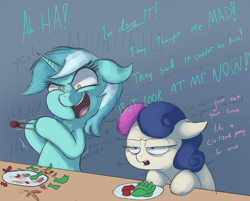 Size: 1990x1600 | Tagged: safe, artist:t72b, derpibooru exclusive, bon bon, lyra heartstrings, sweetie drops, earth pony, pony, unicorn, atg 2020, bon bon is not amused, chopsticks, duo, floppy ears, food, hoof hold, insanity, l.u.l.s., laughing, manic grin, messy, messy mane, newbie artist training grounds, sitting, text, unamused