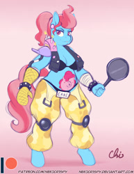 Size: 892x1155 | Tagged: safe, artist:nekocrispy, cup cake, pinkie pie, anthro, unguligrade anthro, clothes, cosplay, costume, ear piercing, female, frying pan, looking at you, milf, oven mitt, overwatch, patreon, patreon logo, piercing, roadhog (overwatch), solo, tattoo