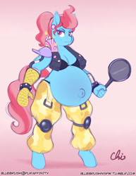 Size: 892x1155 | Tagged: safe, alternate version, artist:nekocrispy, cup cake, anthro, unguligrade anthro, belly, belly button, big belly, clothes, cosplay, costume, ear piercing, frying pan, looking at you, oven mitt, overwatch, piercing, pregnant, roadhog (overwatch), solo, thick cup cake